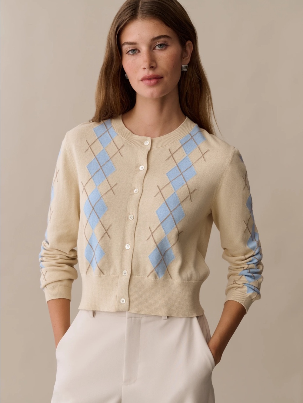 NWT CAARA Henrietta Sand Argyle Cotton Few Moda Sweater Size Medium